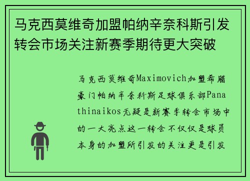 马克西莫维奇加盟帕纳辛奈科斯引发转会市场关注新赛季期待更大突破 马克西莫维奇加盟帕纳辛奈科斯引发转会市场关注新赛季期待更大突破