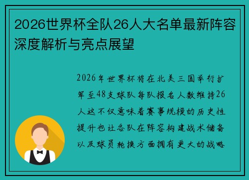 2026世界杯全队26人大名单最新阵容深度解析与亮点展望 2026世界杯全队26人大名单最新阵容深度解析与亮点展望