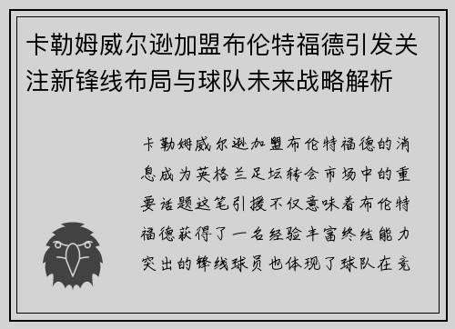 卡勒姆威尔逊加盟布伦特福德引发关注新锋线布局与球队未来战略解析